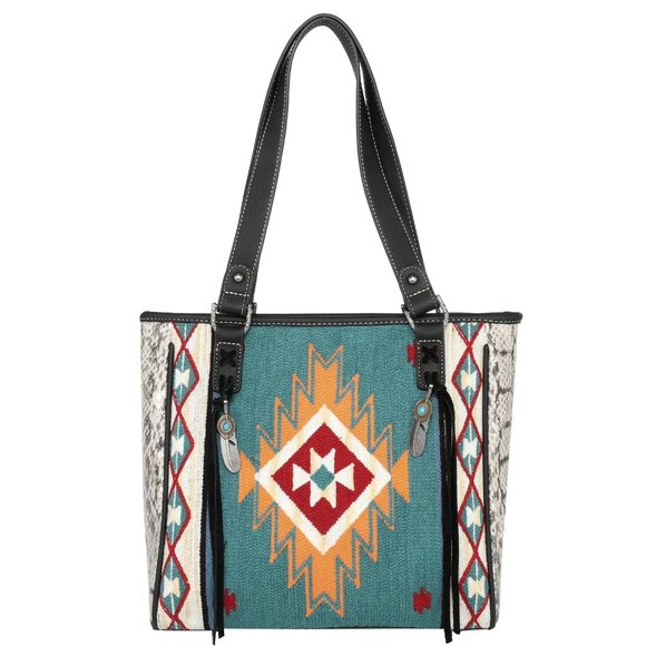 Aztec Tapestry Vegan Leather Studded Tote Bag with Compartments